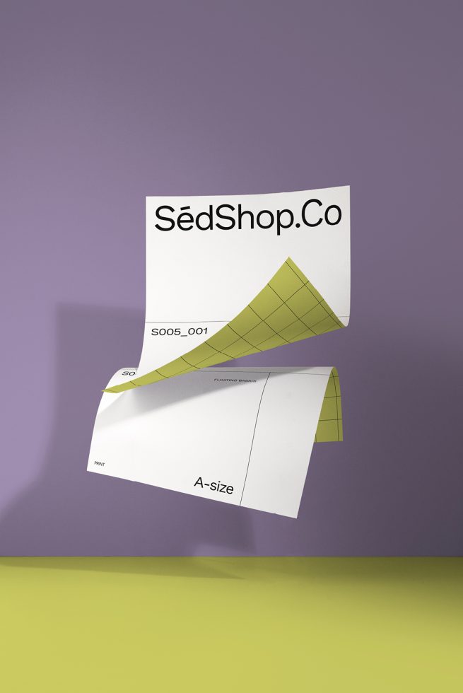 Mockup of two floating A-size papers with unique brand design against a two-tone background for designers' presentations.